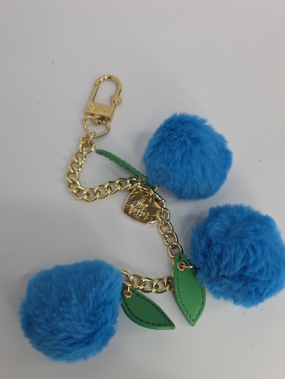 💙▪️Betsey Johnson▪️ Blueberries Fluffy Pom Pom Keychain with Green Leaf Accent